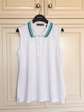G/FORE White Sleeveless ladies Polo Tank with Teal and Aqua Striped Collar: L